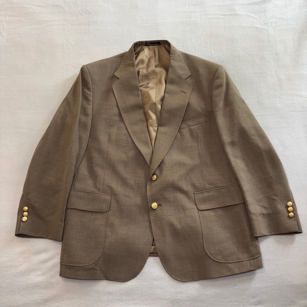 Stafford Worsted Wool Blazer Tan Gold Crest Buttons Mens 46S USA Made Vintage